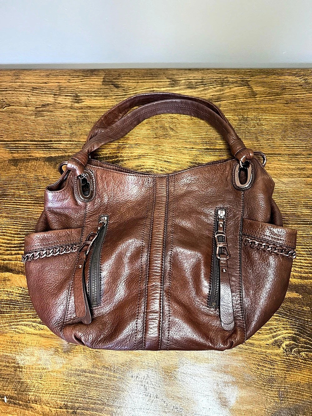 Makowsky Leather-Trim Shoulder Bag in Brown & Cream